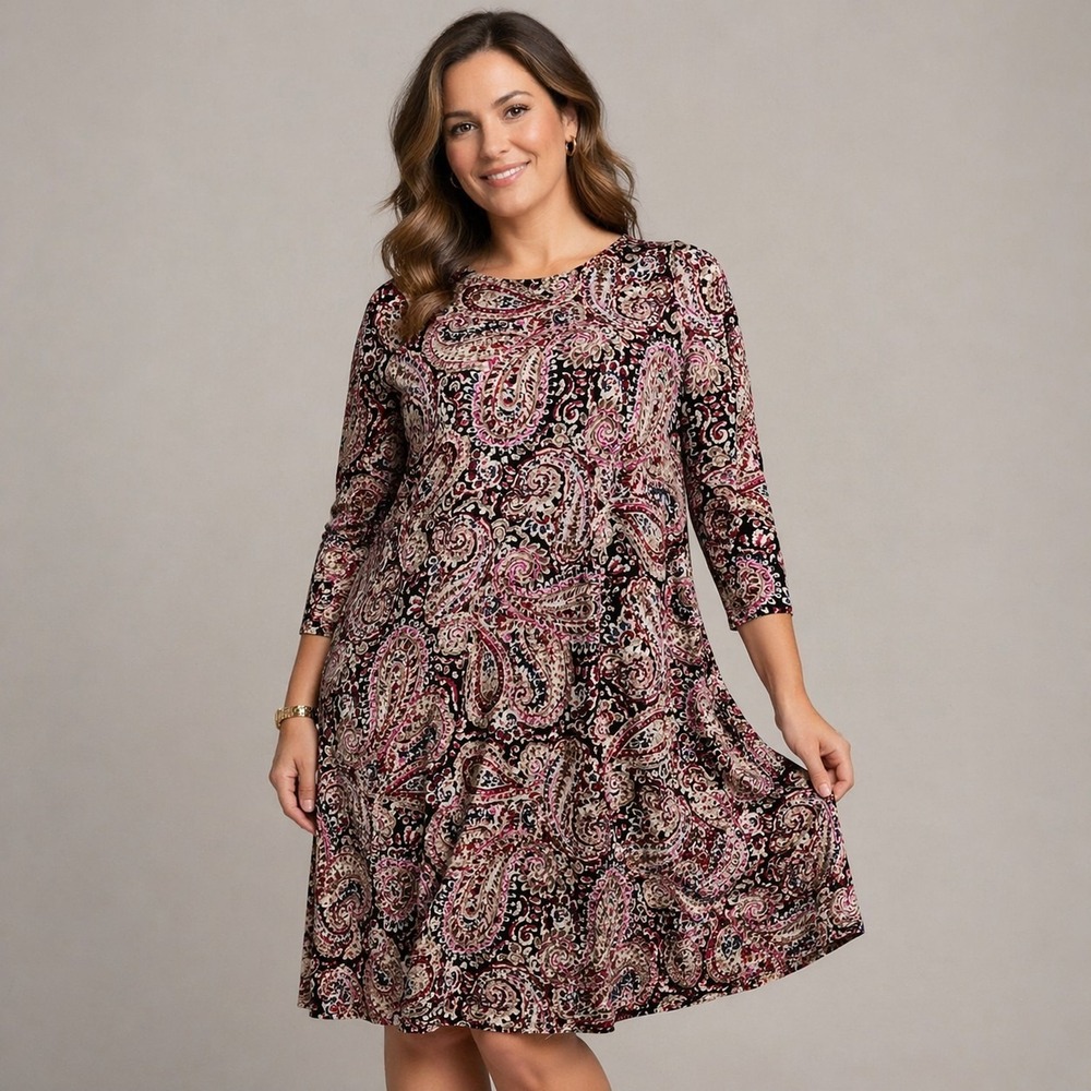 J. JILL Wearever Collection Size Large 3/4 Sleeve Paisley Knit Pleat-Back Dress